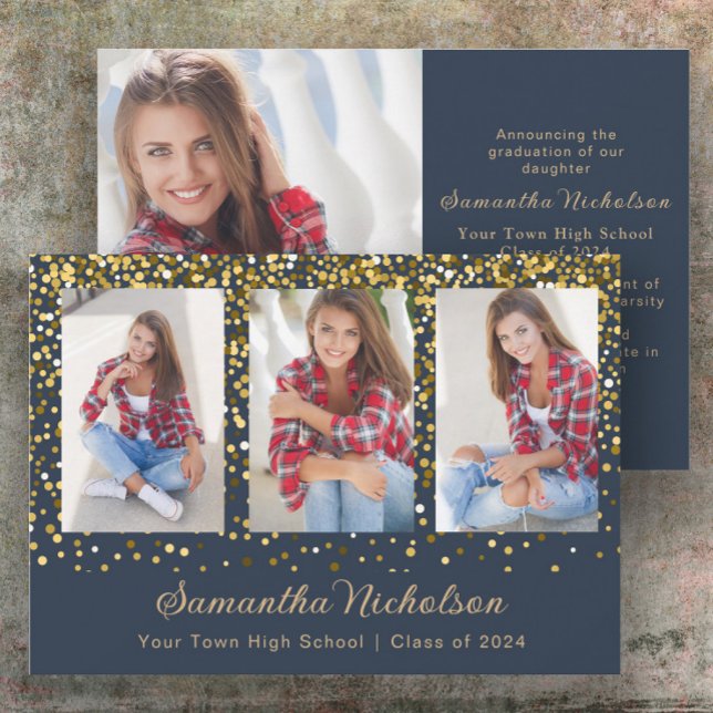 Navy Blue Gold Glitter Class of 2024 Graduation  (Navy blue and gold glitter 4-photo graduation announcement)