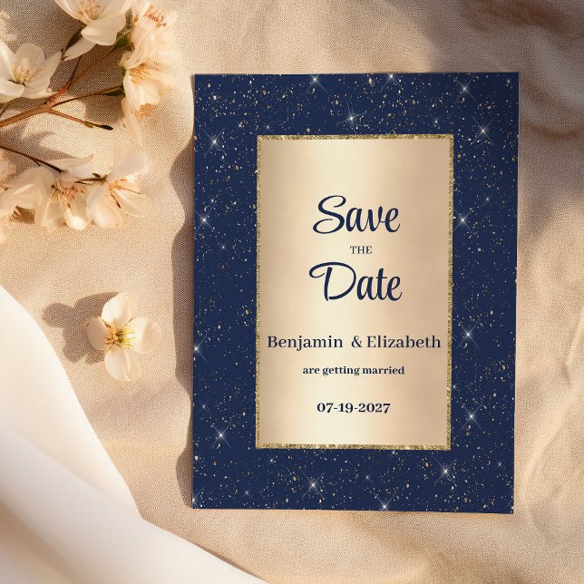 Navy blue gold glitter confetti Save the Date  Invitation (Navy blue gold glitter confetti Save the Date)