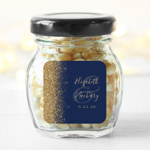 Navy Blue Gold Glitter Edge Wedding Square Sticker