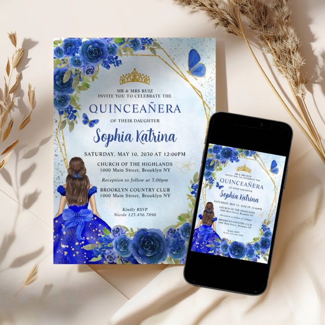 Navy Blue Gold Glitter Floral Princess Quinceañera Invitation (Creator Uploaded)