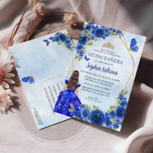 Navy Blue Gold Glitter Floral Princess Quinceañera Invitation Postcard