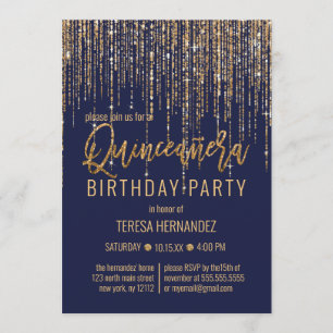 Navy Blue Gold Glitter Fringe Curtain Quinceañera Invitation