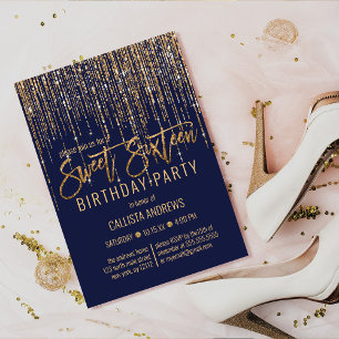 Navy Blue Gold Glitter Fringe Curtain Sweet 16 Invitation