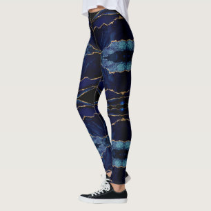 Navy Blue Gold Glitter Gemstone Marble Leggings