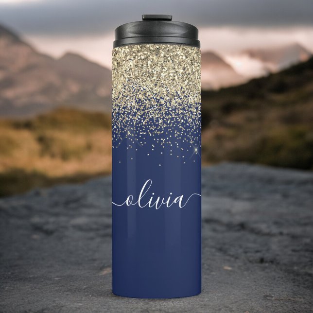Navy Blue Gold Glitter Girly Fitness Monogram Name Thermal Tumbler (Creator Uploaded)