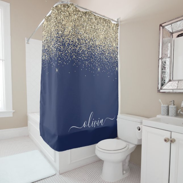 Navy Blue Gold Glitter Girly Monogram Name Shower Curtain (In Situ)