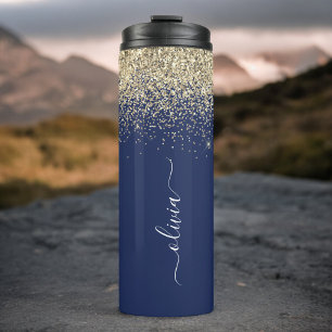 Navy Blue Gold Glitter Girly Monogram Name Thermal Tumbler