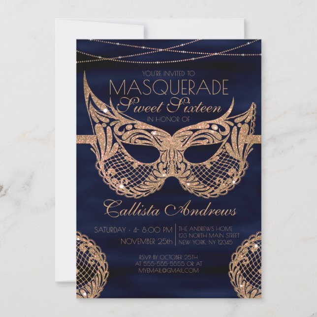 Navy Blue Gold Glitter Lace Masquerade Sweet 16 Invitation (Front)