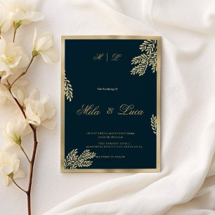 Navy blue gold glitter leaf floral Wedding Invitation