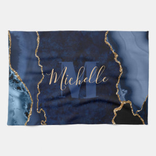 Navy Blue & Gold Glitter Marble Agate Monogram Tea Towel