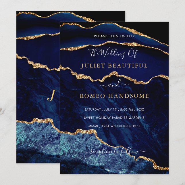 Navy Blue Gold Glitter Marble Wedding Invitation (Front/Back)