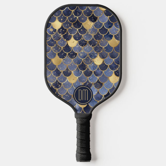 Navy Blue Gold Glitter Mermaid Scales Monogram  Pickleball Paddle (Front)
