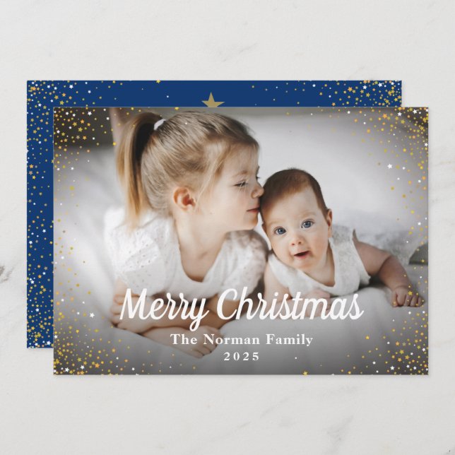 Navy Blue Gold Glitter Merry Christmas Photo Holiday Card (Front/Back)