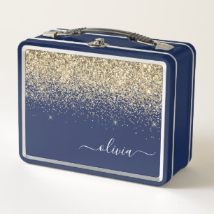 Navy Blue Gold Glitter Metal Girly Monogram Name Lunch Box