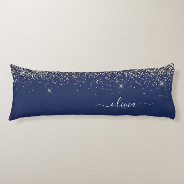 Navy Blue Gold Glitter Monogram Name Girly Body Cushion (Front)