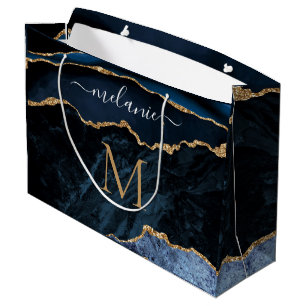 Navy Blue Gold Glitter Monogram Your Name Gift Bag