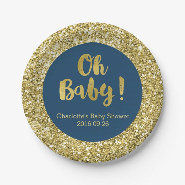 Navy Blue Gold Glitter Oh Baby Baby Shower Plate (Front)