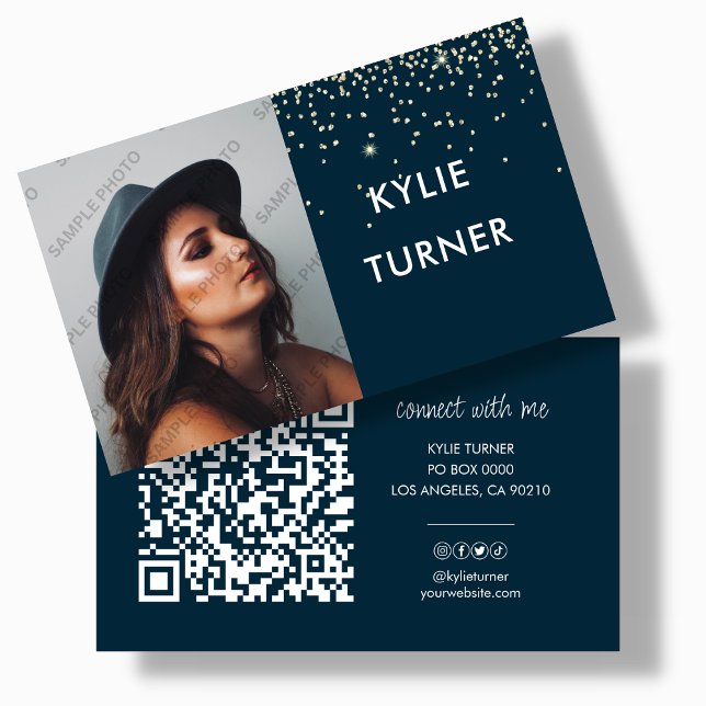 Navy Blue | Gold Glitter | Photo | QR Code  Business Card (Creator Uploaded)