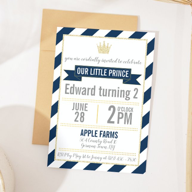 Navy Blue Gold Glitter Prince Birthday Invitation (Creator Uploaded)