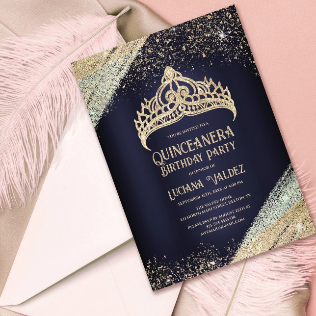 Navy Blue Gold Glitter Princess Tiara Quinceañera Invitation (Creator Uploaded)