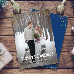 Navy Blue Gold Glitter Season’s Greetings Photo Holiday Card