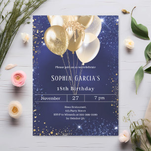 Navy blue gold glitter sparkle balloons birthday invitation