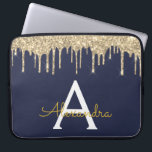 Navy Blue Gold Glitter Sparkle Monogram Laptop Sleeve<br><div class="desc">Navy Blue and Gold Faux Dripping Modern and Elegant Girly Glitter and Sparkle Elegant Monogram Case. This case can be customised to include your initial and first name.</div>