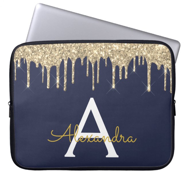 Navy Blue Gold Glitter Sparkle Monogram Laptop Sleeve (Front)