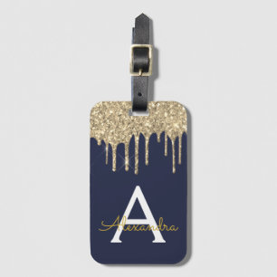 Navy Blue Gold Glitter Sparkle Monogram Luggage Tag