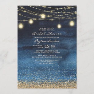 Navy Blue Gold Glitter String Light Bridal Shower Invitation