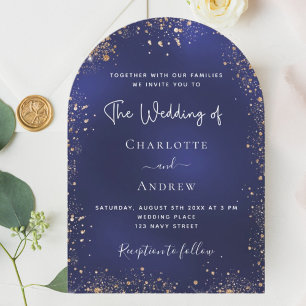 Navy blue gold glitter wedding arch invitation