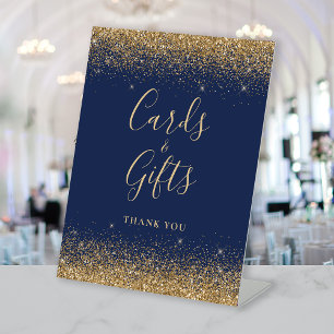 Navy Blue Gold Glitter Wedding Cards and Gifts Pedestal Sign