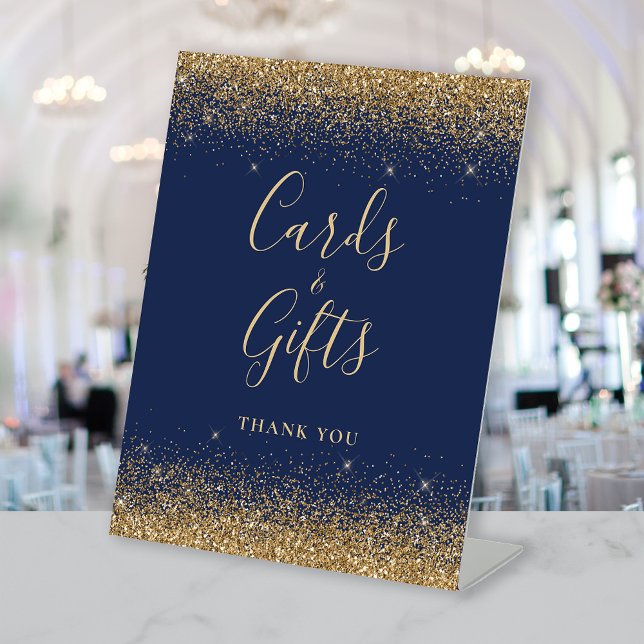 Navy Blue Gold Glitter Wedding Cards and Gifts Pedestal Sign (Creator Uploaded)