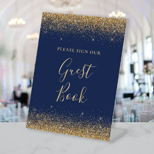 Navy Blue Gold Glitter Wedding Guest Book Pedestal Sign
