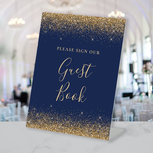 Navy Blue Gold Glitter Wedding Guest Book Pedestal Sign (Creator Uploaded)