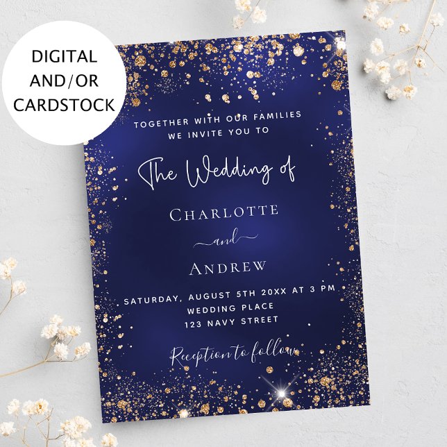 Navy blue gold glitter wedding invitation (Creator Uploaded)