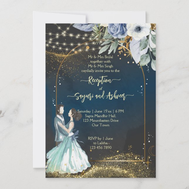 Navy blue gold glitter wedding reception invitation (Front)