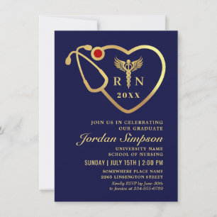 Navy Blue Gold Glitters Nursing School Graduation Invitation