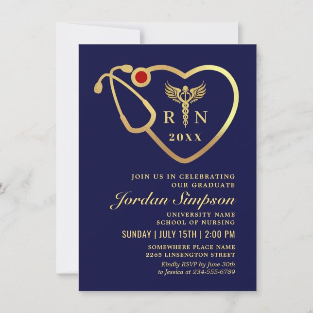 Navy Blue Gold Glitters Nursing School Graduation Invitation (Front)