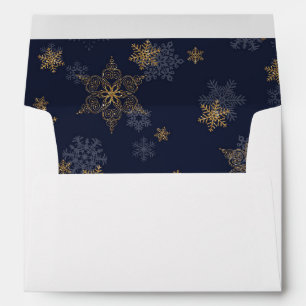 Navy Blue Gold GlitterSnowflakes Liner White Envelopes