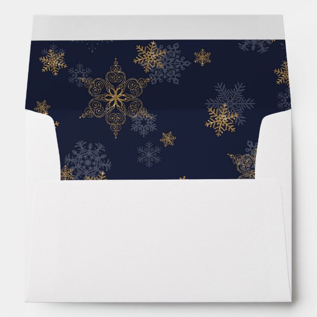 Navy Blue Gold GlitterSnowflakes Liner White Envelopes (Back (Bottom))