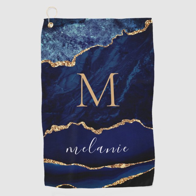 Navy Blue Gold Golf Towel Personalized Name Letter (Front)