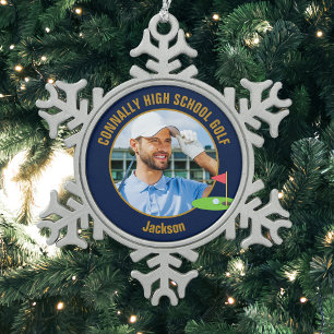 Navy Blue Gold Golfer Photo High School Golf Team Snowflake Pewter Christmas Ornament