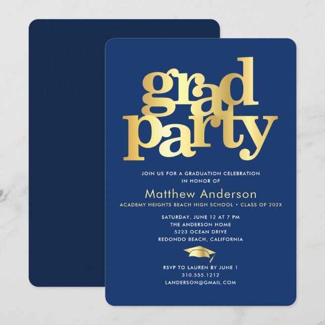 Navy Blue Gold Grad Cap Bold Typography Minimal Invitation (Front/Back)