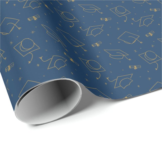Navy Blue & Gold Graduation Cap Toss Wrapping Paper (Roll Corner)