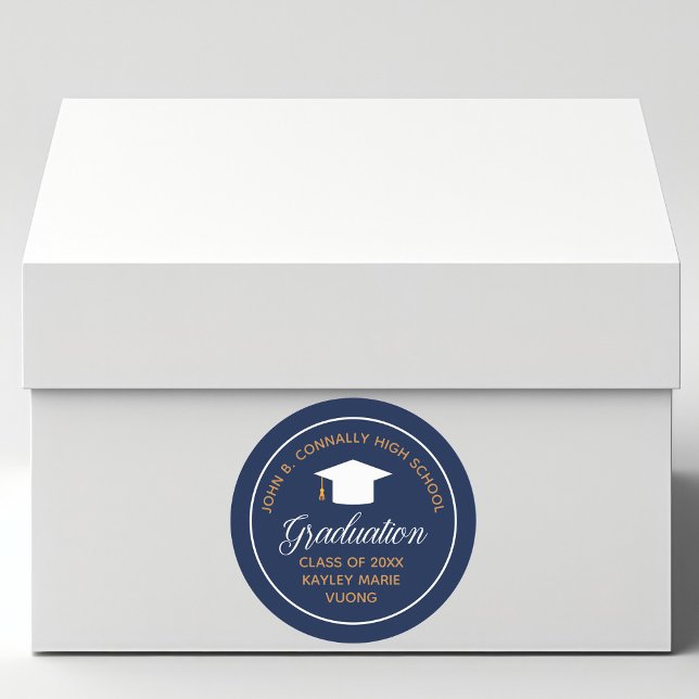 Navy Blue Gold Graduation Modern Custom School Classic Round Sticker (Creator Uploaded)