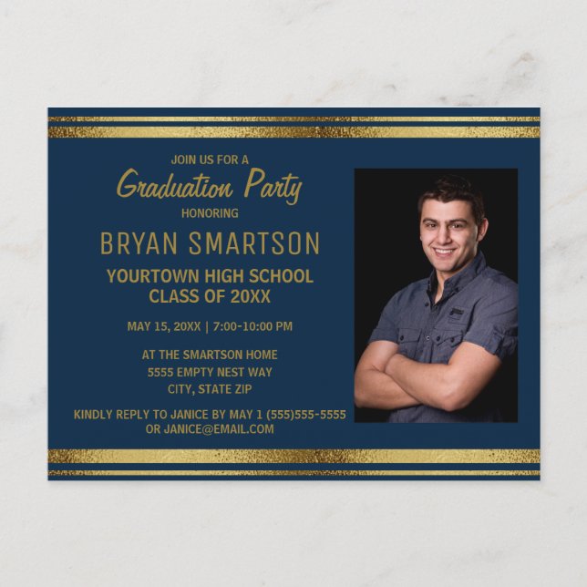 Navy Blue Gold Graduation Party Photo Postcard (Front)