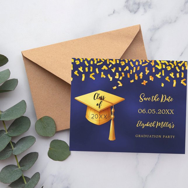 Navy blue gold Graduation Party Save the Date card (Creator Uploaded)