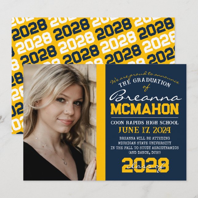 Navy Blue & Gold Graduation Photo Announcement (Front/Back)