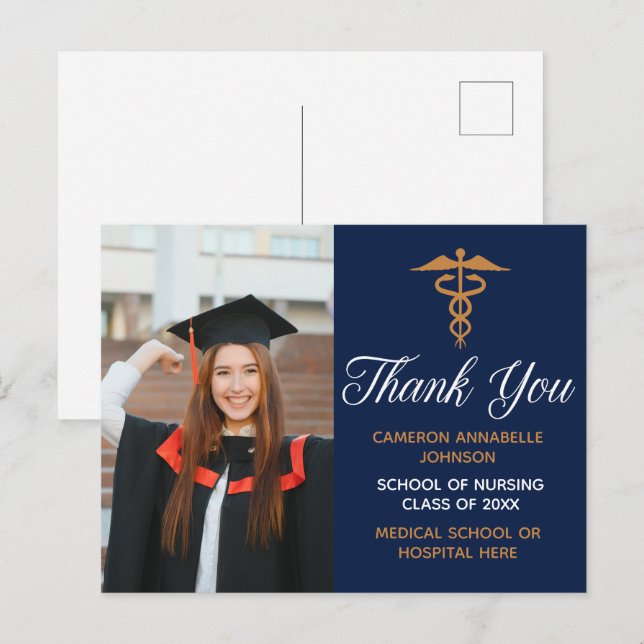 Navy Blue Gold Graduation Photo Medical Thank You Postcard (Front/Back)
